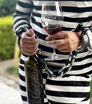 A person dressed in a Halloween costume holds a bottle of wine and a glass at Christopher Cellars. m